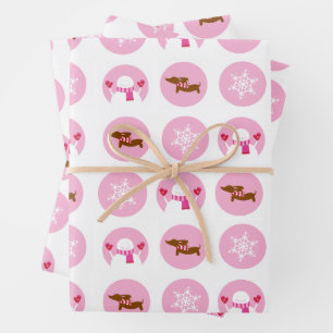 Pink Dachshund Snowflake Snowman Christmas Gift  Wrapping Paper Sheet