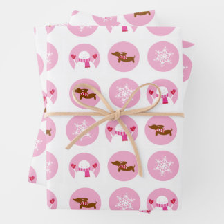 Pink Dachshund Snowflake Snowman Christmas Gift  Wrapping Paper Sheet