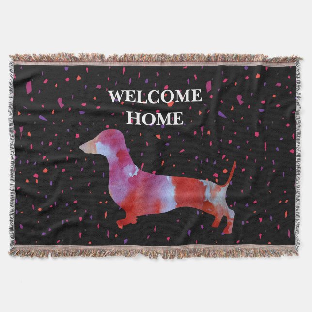 Pink dachshund Watercolor Art Throw Blanket (Front)