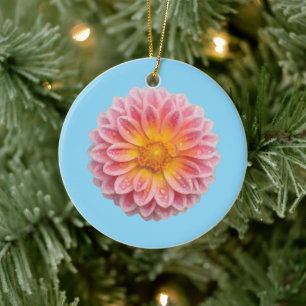 Pink Dahlia and Dew Drops Ceramic Tree Decoration