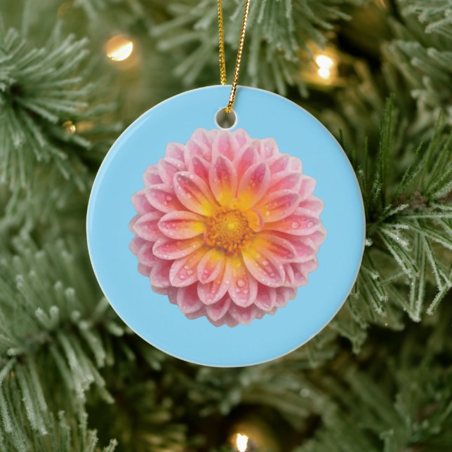 Pink Dahlia and Dew Drops Ceramic Tree Decoration (Tree)