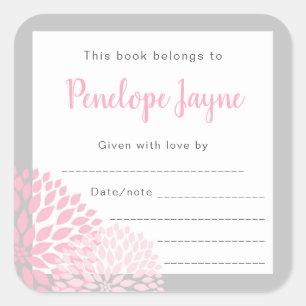 Pink Dahlia Baby Shower Bookplate Square Sticker