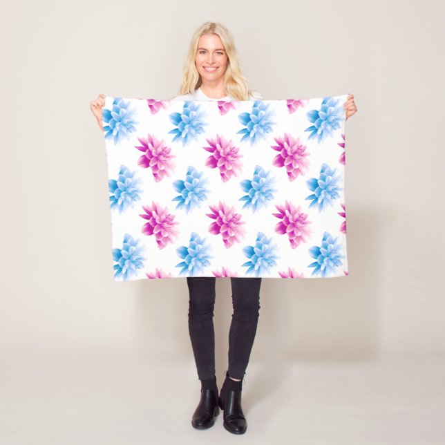 Pink Dahlia, Blue Dahla, Floral Pattern, Flowers Fleece Blanket (In Situ)