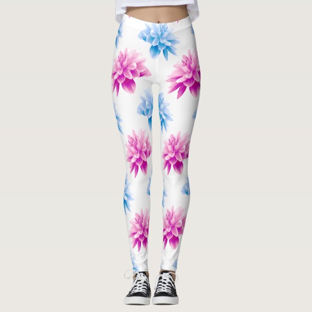 Pink Dahlia, Blue Dahla, Floral Pattern, Flowers Leggings (Front)
