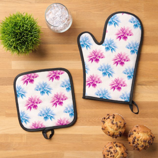 Pink Dahlia, Blue Dahla, Floral Pattern, Flowers Oven Mitt & Pot Holder Set (Top Down)