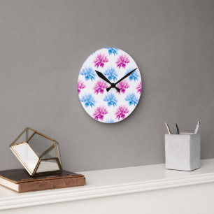 Pink Dahlia, Blue Dahla, Floral Pattern, Flowers Round Clock