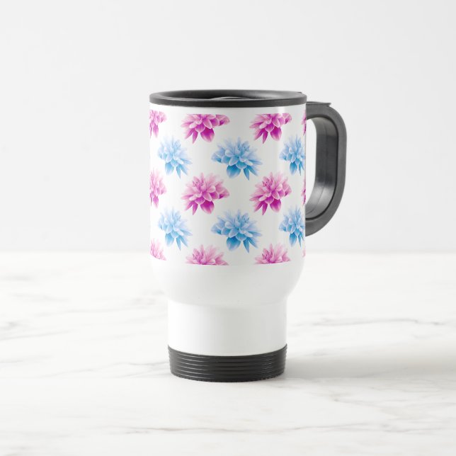 Pink Dahlia, Blue Dahla, Floral Pattern, Flowers Travel Mug (Front Right)