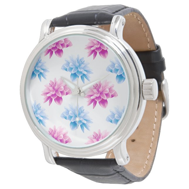 Pink Dahlia, Blue Dahla, Floral Pattern, Flowers Watch (Angled)