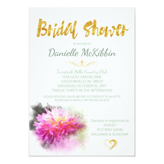 Pink Dahlia Bridal Shower Faux Gold Invite
