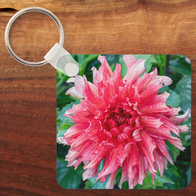 Pink Dahlia, Dramatic Ruffled Flower Key Ring (Front)