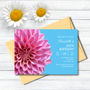 Pink Dahlia Floral Blue 30th Birthday  Invitation