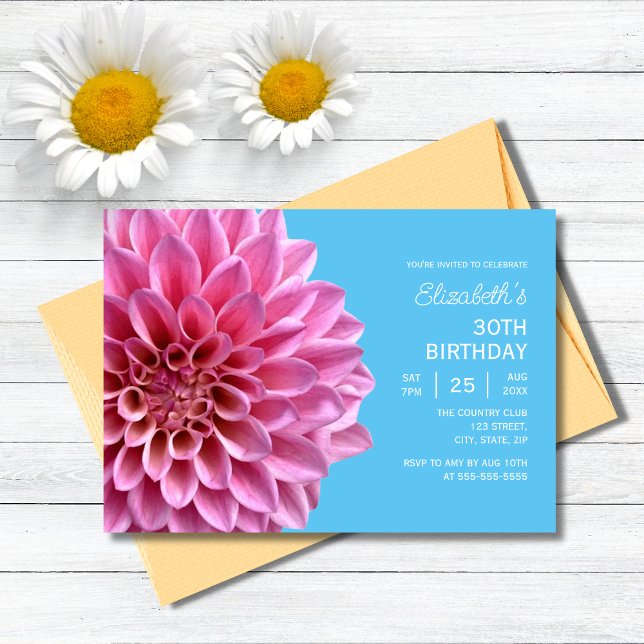 Pink Dahlia Floral Blue 30th Birthday  Invitation (Creator Uploaded)