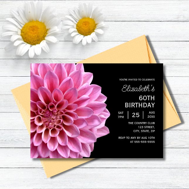 Pink Dahlia Floral Fall Black 60th Birthday  Invitation (Creator Uploaded)