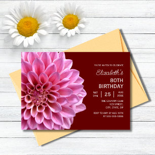 Pink Dahlia Floral Fall Burgundy 80th Birthday Invitation