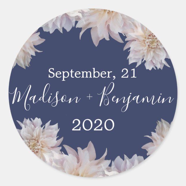 Pink Dahlia Flower Dark Blue Wedding Date Classic Round Sticker (Front)