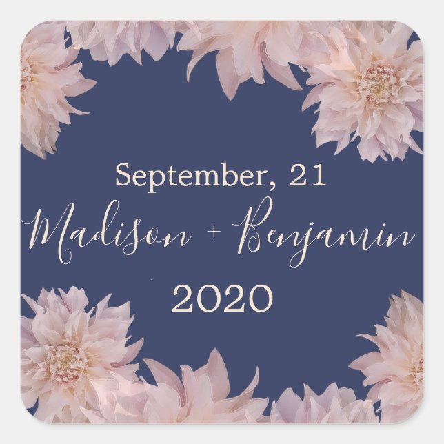 Pink Dahlia Flower Dark Blue Wedding Date Square Sticker (Front)