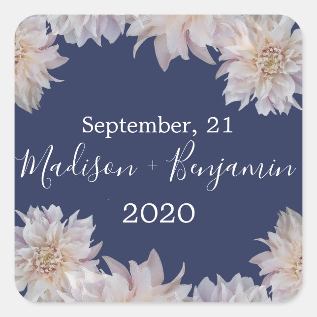 Pink Dahlia Flower Dark Blue Wedding Date Square Sticker (Front)