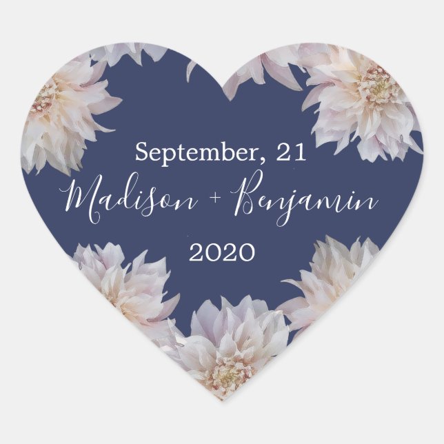 Pink Dahlia Flower Navy Blue Wedding Date Heart Sticker (Front)
