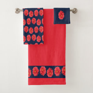 Pink dahlia flower on blue bath towel set