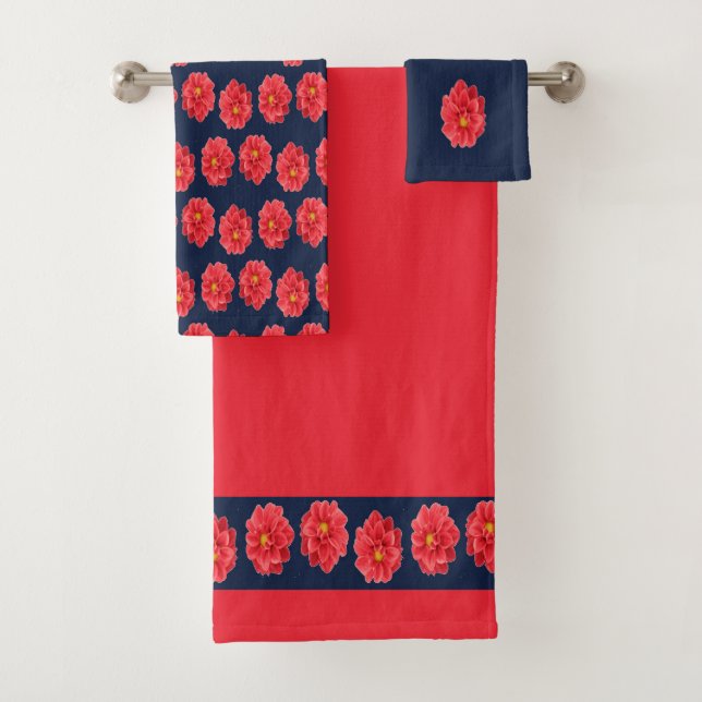 Pink dahlia flower on blue bath towel set (Insitu)