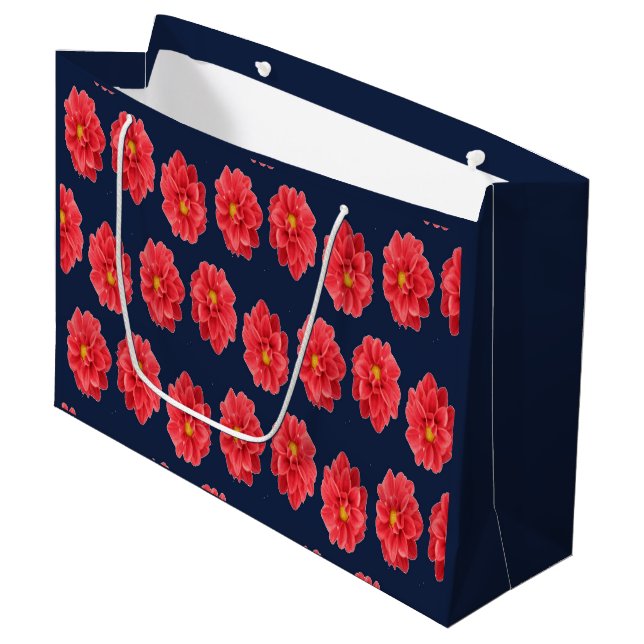 Pink dahlia flower on blue large gift bag (Front Angled)