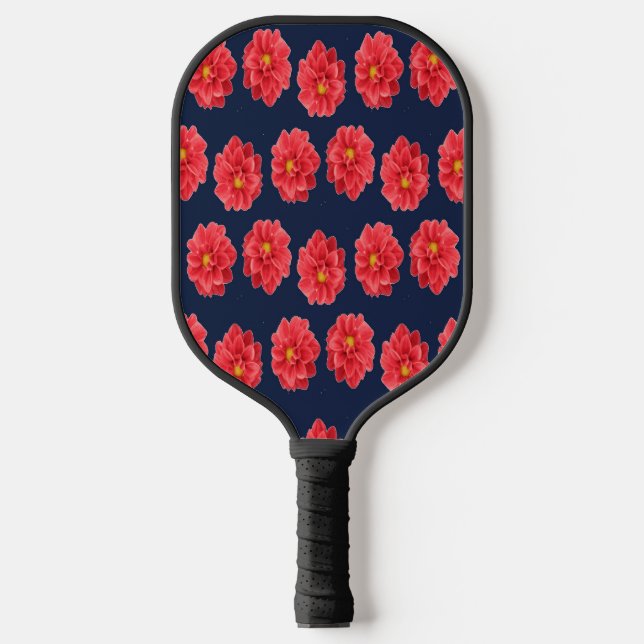 Pink dahlia flower on blue pickleball paddle (Front)