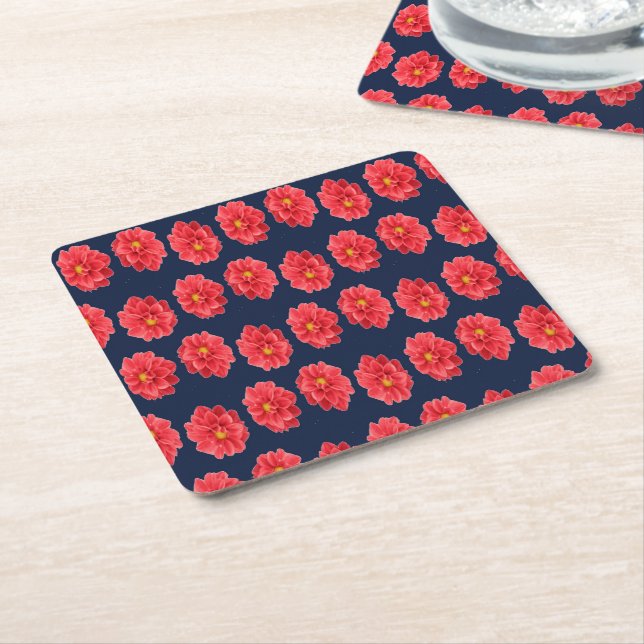 Pink dahlia flower on blue square paper coaster (Angled)
