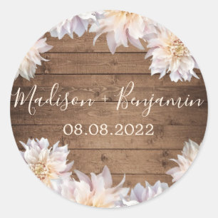 Pink Dahlia Flower Rustic Wood Wedding Date Classic Round Sticker