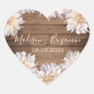 Pink Dahlia Flower Rustic Wood Wedding Date Heart  Heart Sticker