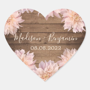 Pink Dahlia Flower Rustic Wood Wedding Date Heart  Sticker