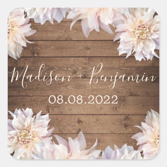 Pink Dahlia Flower Rustic Wood Wedding Date Square Square Sticker (Front)