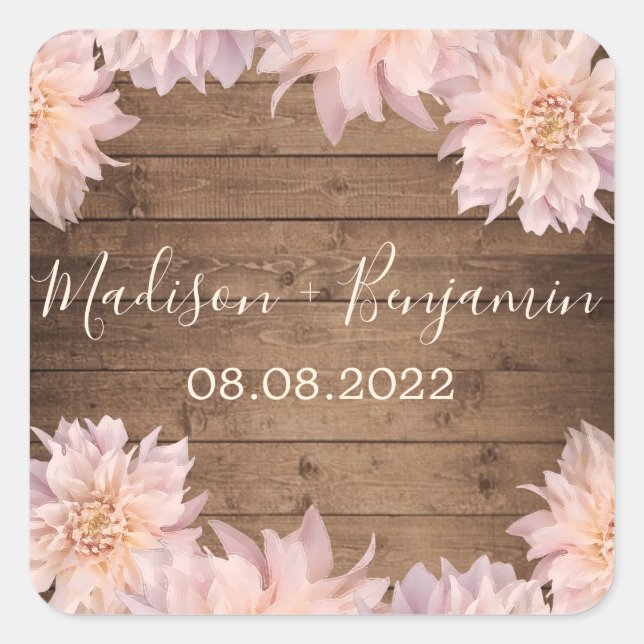 Pink Dahlia Flower Rustic Wood Wedding Date Square Sticker (Front)