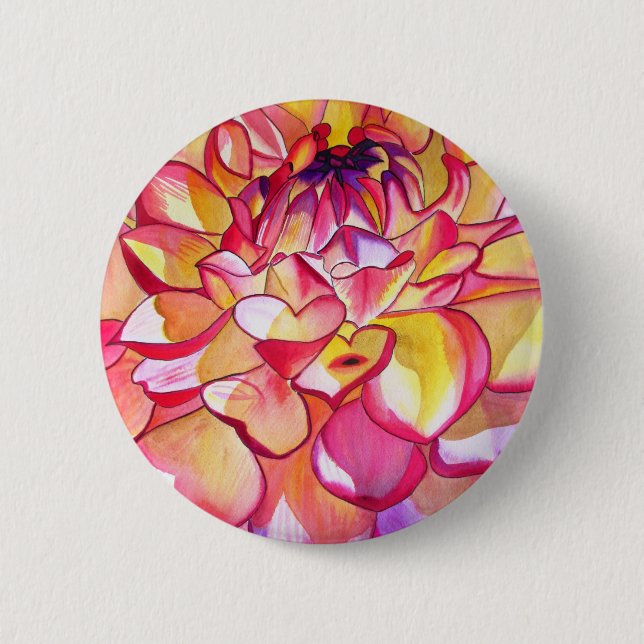Pink Dahlia flower watercolour fine art 6 Cm Round Badge (Front)