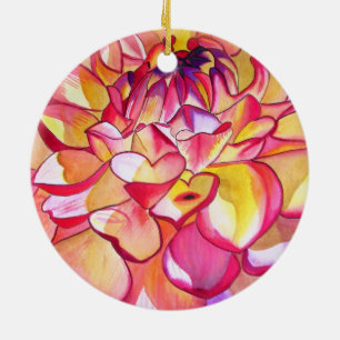 Pink Dahlia flower watercolour fine art Ceramic Tree Decoration