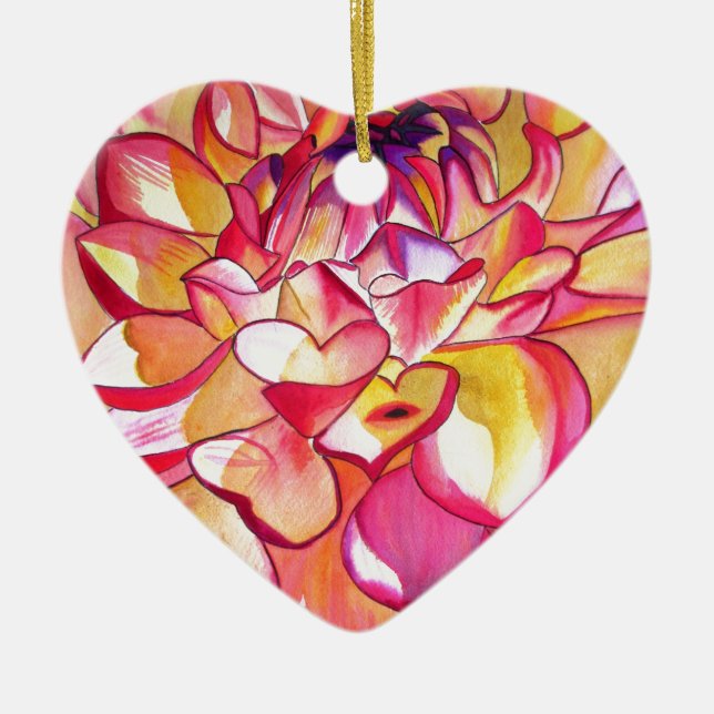 Pink Dahlia flower watercolour fine art Ceramic Tree Decoration (Front)
