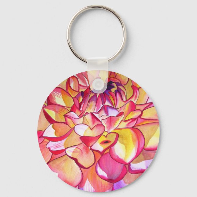 Pink Dahlia flower watercolour fine art Key Ring (Front)