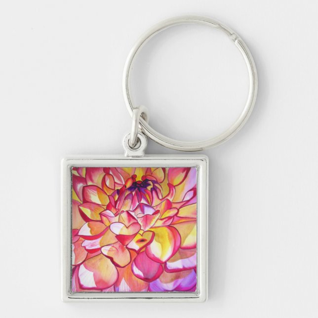 Pink Dahlia flower watercolour fine art Key Ring (Front)