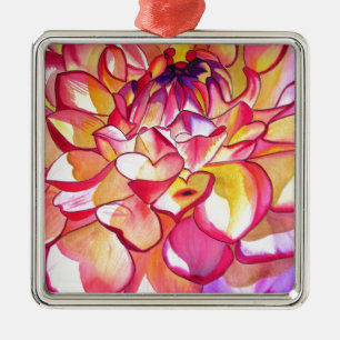 Pink Dahlia flower watercolour fine art Metal Tree Decoration