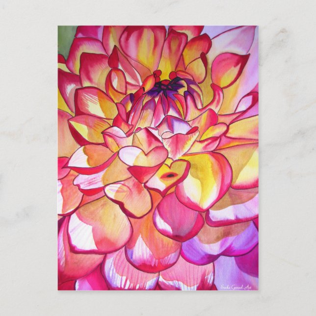 Pink Dahlia flower watercolour fine art Postcard (Front)