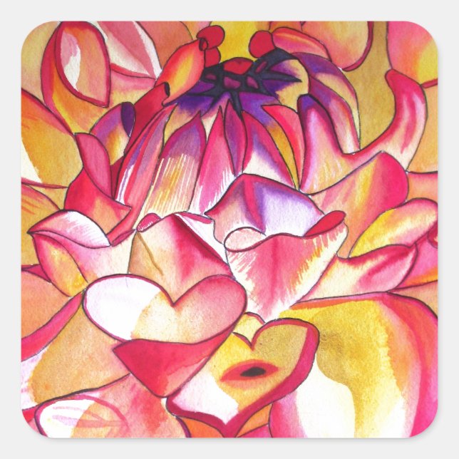 Pink Dahlia flower watercolour fine art Square Sticker (Front)