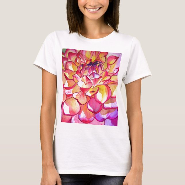 Pink Dahlia flower watercolour fine art T-Shirt (Front)