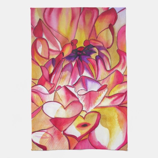 Pink Dahlia flower watercolour fine art Tea Towel (Vertical)