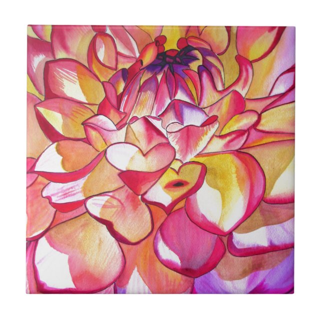 Pink Dahlia flower watercolour fine art Tile (Front)