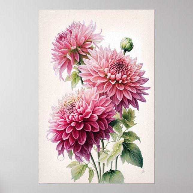 Pink Dahlia Flowers Art Print Poster (Front)
