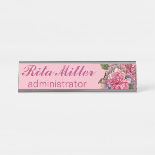 Pink Dahlia flowers Desk Name Plate
