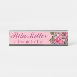 Pink Dahlia flowers Desk Name Plate