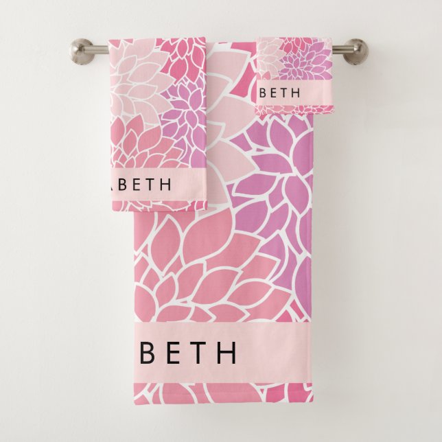 Pink Dahlia Flowers, Pattern Of Flowers, Your Name Bath Towel Set (Insitu)