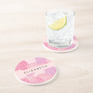 Pink Dahlia Flowers, Pattern Of Flowers, Your Name Coaster