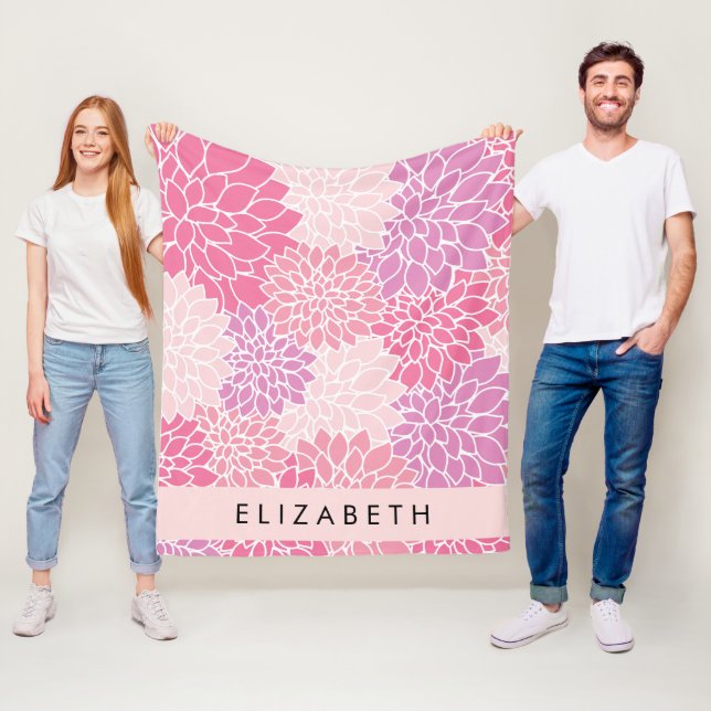 Pink Dahlia Flowers, Pattern Of Flowers, Your Name Fleece Blanket (In Situ)