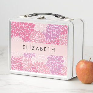 Pink Dahlia Flowers, Pattern Of Flowers, Your Name Metal Lunch Box